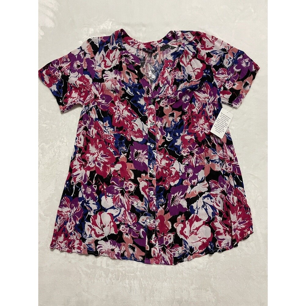 Roaman's Women 12W Short sleeve Tunic Button down Shirt Floral